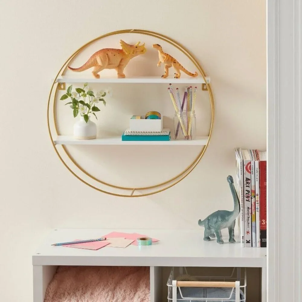Pillowfort Kids' Modern Round Wall Shelf Gold Wire Frame 2 White Shelves -Target